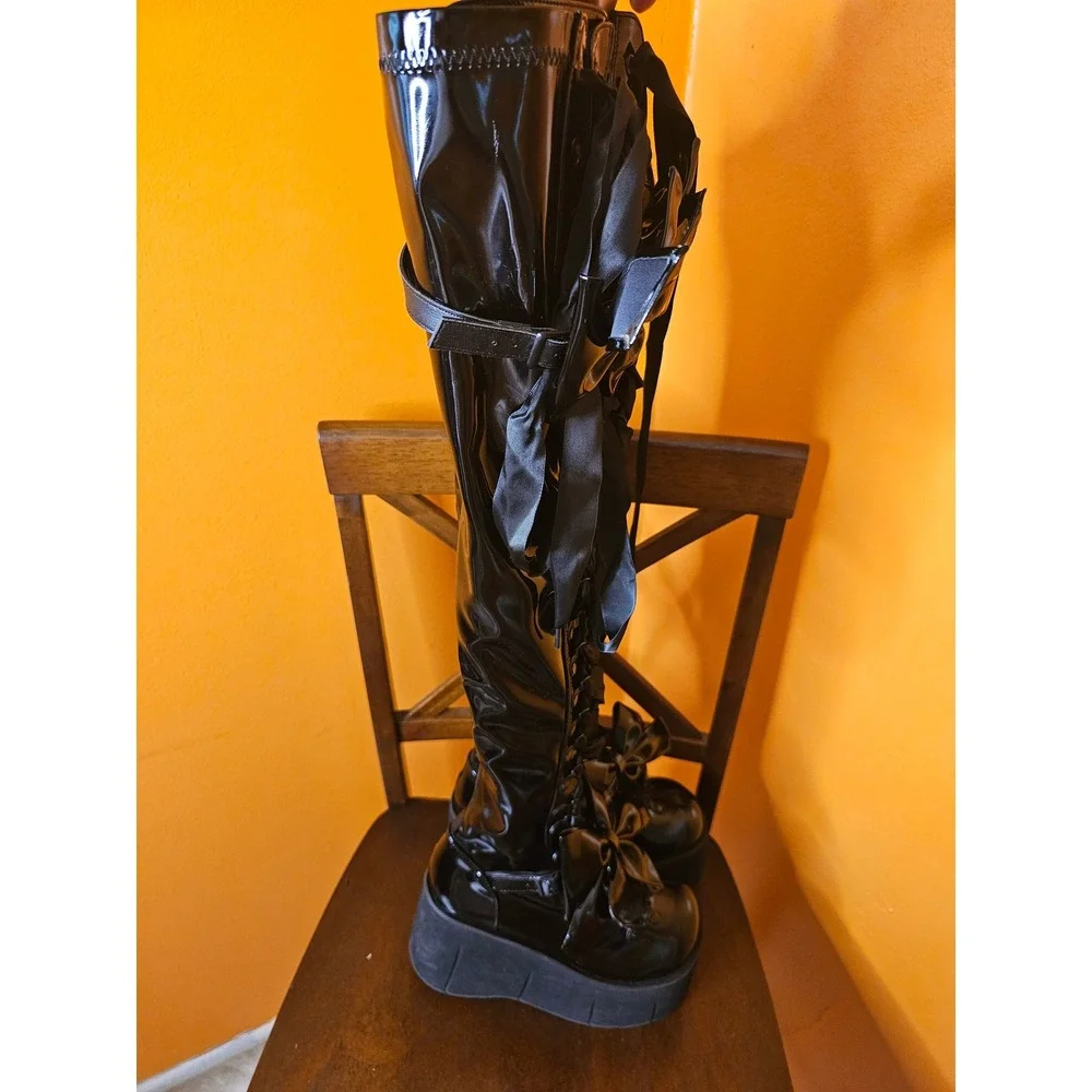 Demonia Kera 303 Black Thigh High Patent Leather Boots New